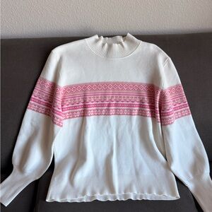 Elegant White and Pink Patterned Turtleneck Sweater